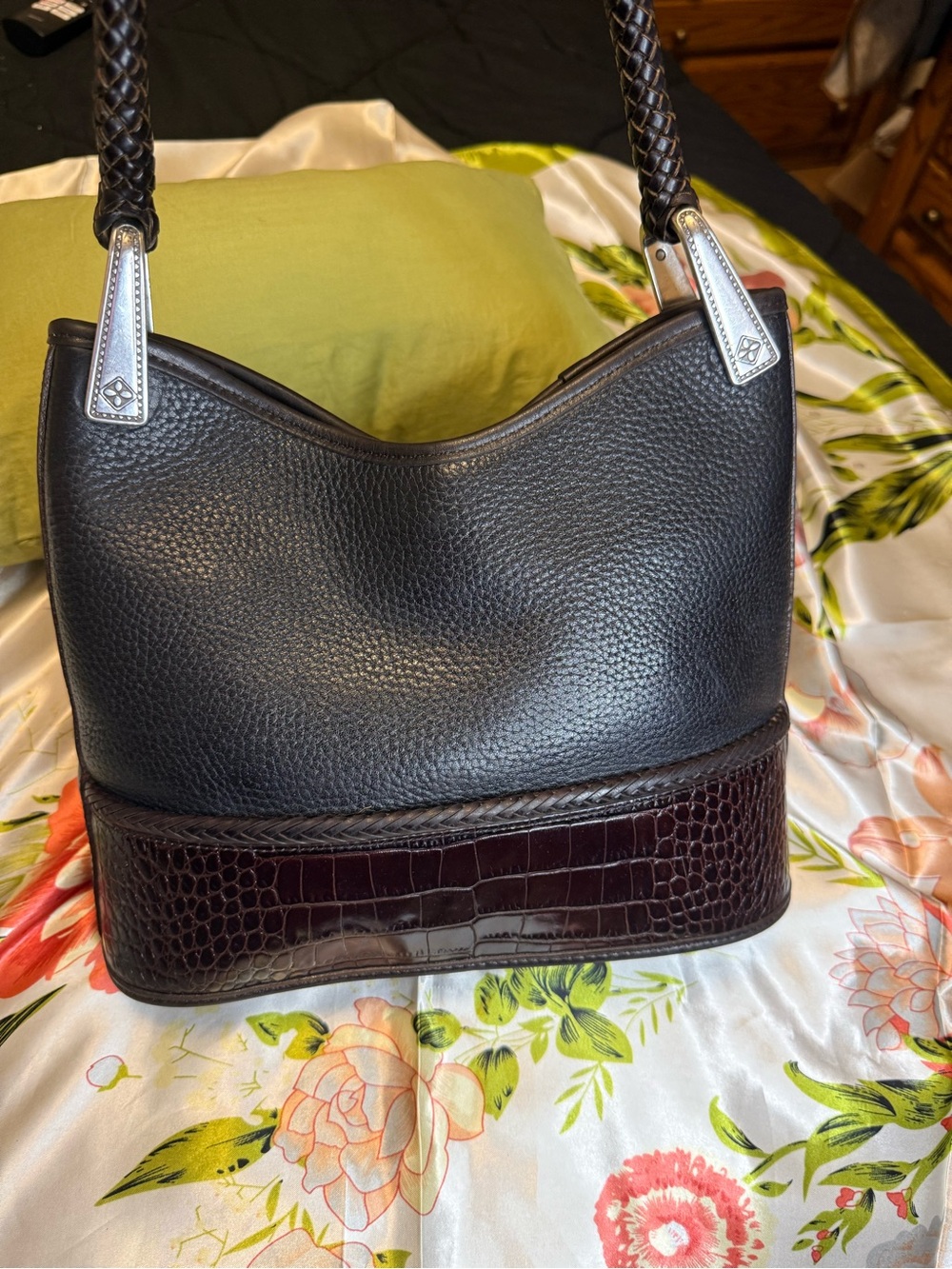 Brighton Black Pebbled Leather Shoulder Bag w/Croc Embossed Base & Braided Strap